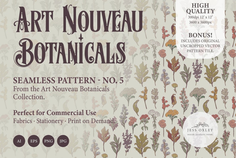 Modèle sans couture botanique Art Nouveau, échantillon de modèle n 5, modèle sans couture vectoriel, motif floral vintage, motif répétitif floral image 2