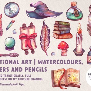 Witchy Wonders Clipart Collection, Watercolor Clipart, Witch PNG, Witch Aesthetic, Wizard Clipart, Hand Drawn Clipart, NoAI, Traditional Art image 2