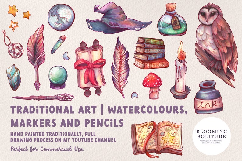 Witchy Wonders Clipart Collection, Watercolor Clipart, Witch PNG, Witch Aesthetic, Wizard Clipart, Hand Drawn Clipart, NoAI, Traditional Art image 2