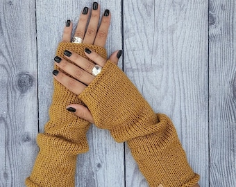 Mustard long wool gloves - Christmas gift for her - Fall fashion gloves - Fingerless gloves mittens - Wrist warmers - Winter knitted gloves