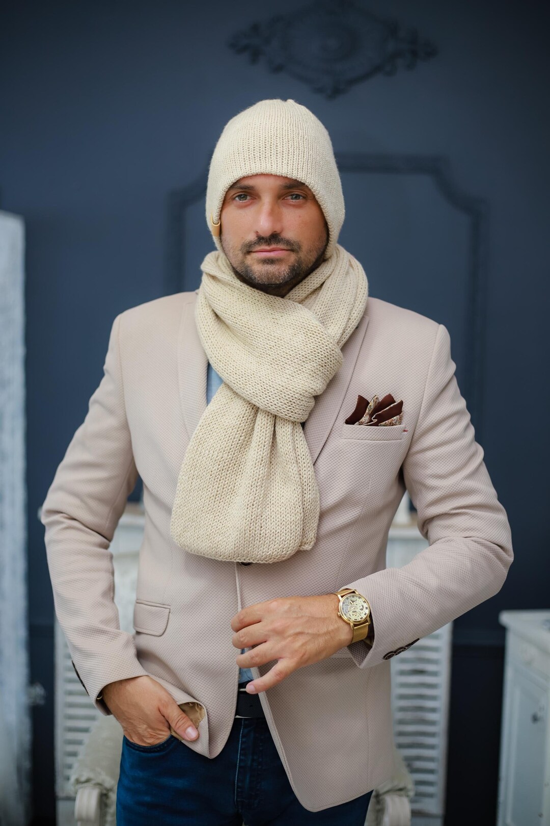 Knitted Winter Mens Hat and Scarf, Minimalist Winter Accessories for