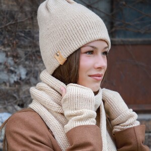 Fall fashion wool arm warmers Fingerless women gloves mittens Wool knit hand warmers Winter gift for girlfriend Winter accessories Gloves + Hat