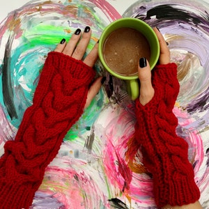 Fingerless gloves mittens Knit arm warmers Christmas gifts for mother Winter fall accessories Wrist warmers Winter knitted gloves Red