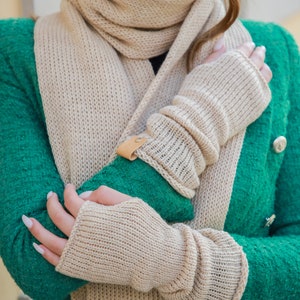 Fall fashion wool arm warmers Fingerless women gloves mittens Wool knit hand warmers Winter gift for girlfriend Winter accessories Gloves+Scarf