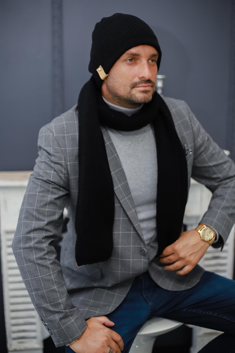 Knitted Winter Mens Hat and Scarf, Minimalist Winter Accessories for