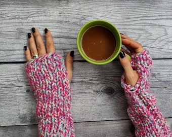 LIMITED EDITION- Pink blue arm warmers -  Gift for girlfriend - Fall fashion gloves - Fingerless gloves mittens - Knit winter hand warmers