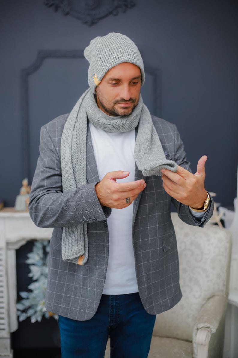Knitted Winter Mens Hat and Scarf, Minimalist Winter Accessories for