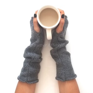 SET Gray Gloves & Hat Knitted long arm warmers Christmas gift for her Fall fashion gloves Fingerless gloves mittens Winter fashion image 5