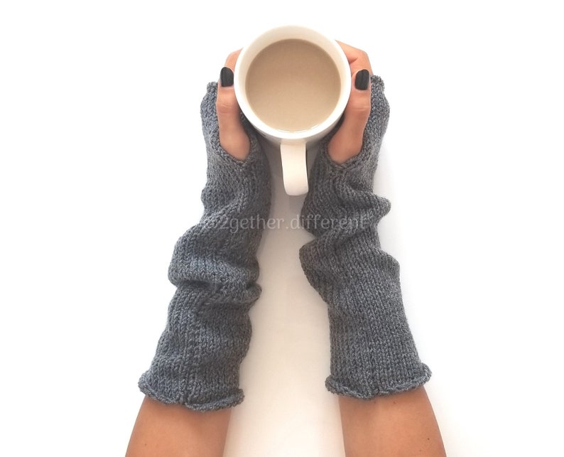 SET Gray Gloves & Hat Knitted long arm warmers Christmas gift for her Fall fashion gloves Fingerless gloves mittens Winter fashion image 5