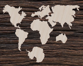 Wooden World Map Set of 7 Continents for Crafts and Decorations - Laser cut - World Continents - World Wall Map - Rustic Wall Map