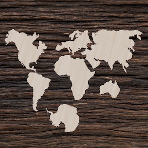 Houten wereldkaart set van 7 continenten voor knutselen en decoraties - lasergesneden - wereldcontinenten - wereldmuurkaart - rustieke muurkaart