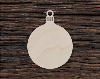 May include: A plain, unfinished wooden ornament shaped like a Christmas tree bauble. The ornament is light brown and has a small loop at the top for hanging.