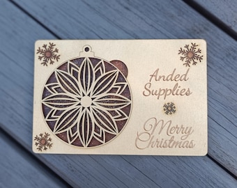 Wooden Christmas Postcard with Removable Ornament – Hand-Colored 2-Layer Laser Cut Golden Greeting Card, Custom Engraved Holiday Gift
