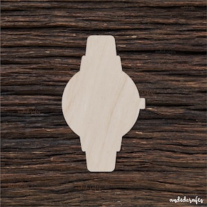 May include: A wooden cutout of a watch with a round face and a band. The cutout is unpainted and has a natural wood finish.