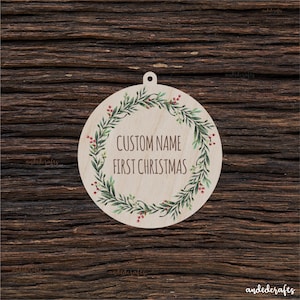 Wooden Christmas Wreath Bauble For Crafts And Decoration - Engraved With Your Name - Personal CHRISTMAS Pendants - Custom Gift