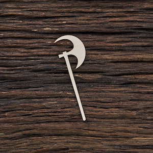 Puede incluir: Un hacha de madera clara con una hoja curva y un mango largo. El hacha se encuentra sobre un fondo de madera oscura y texturizada, creando un contraste de color y textura. El hacha es un recorte simple pero detallado.