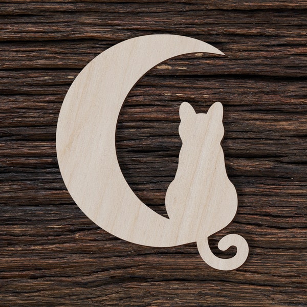 Chat en bois sur la lune pour l’artisanat et les décorations - Ébauches en bois - Ébauches d’artisanat - Charmes de chat - Chat et lune - Bijoux de lune de chat