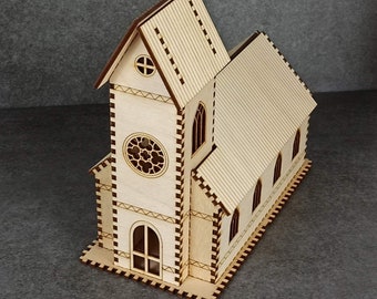 Église miniature en bois pour la décoration - Découpe au laser - Maison miniature - Maison de poupée - Maison de Noël - Maison de poupée en bois - Woodsfield