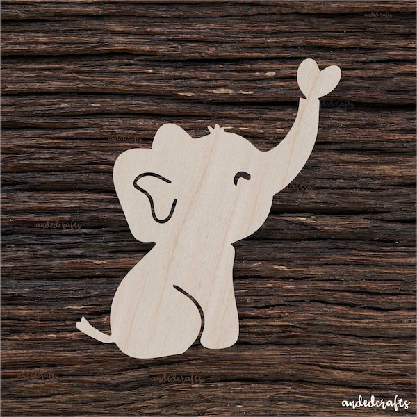 Elefante de madera con corazón para manualidades y decoraciones - espacios en blanco de madera - espacios en blanco artesanales - regalos de elefante - globo de corazón - elefante feliz
