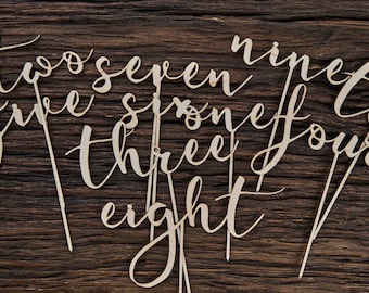 Op de afbeelding: Houten taarttoppers met de cijfers twee, vijf, zeven, zes, drie, acht, negen, één, vier en tien in een cursief lettertype. De toppers zijn lichtbruin en staan op houten stokjes. De achtergrond is een donkerbruin houten oppervlak.