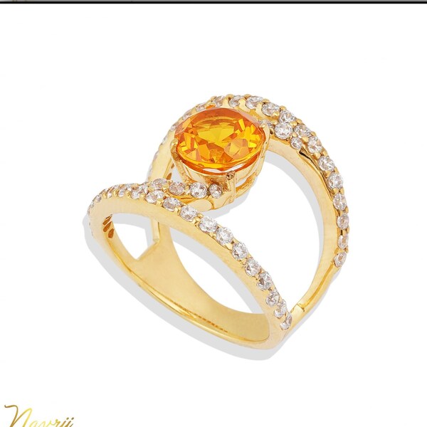 Bague saphir orange rond Labmade avec zircone cubique, bague de fiançailles de mariage, bague en argent sterling 925 avec pierres précieuses orange, cadeau pour elle