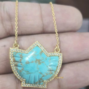 925 Sterling Silver Pave Diamond Necklace, Bird Shape Chain, Natural Turquoise Thunderbird Jewelry, Yellow Gold American Native Jewelry Gift