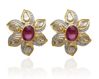 Sterling Silver Flower Stud Earrings: Ruby & Polki Diamond Floral Jewelry