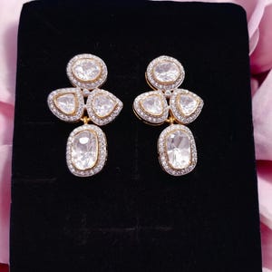 Pendientes Polki Kundan de moissanita, pendientes Polki indios de plata, joyas vintage hechas a mano con diamantes, regalo de aniversario de boda para ella, Polki Kundan