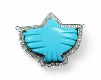 925 Sterling Silver handmade Labmade Turquoise Gemstone Native Thunderbird Pendant Charm Pave Diamond