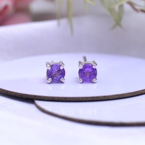 925 Sterling Silver Natural Purple Amethyst Stud Earrings, Natural Gemstone Tiny Stud Earrings, Genuine Amethyst Stud Earrings Gift for her