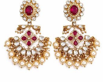 Moissanite Polki Chandbali Earrings, Lab Ruby, Cultured Pearl, Jaipur Bridal Jewelry