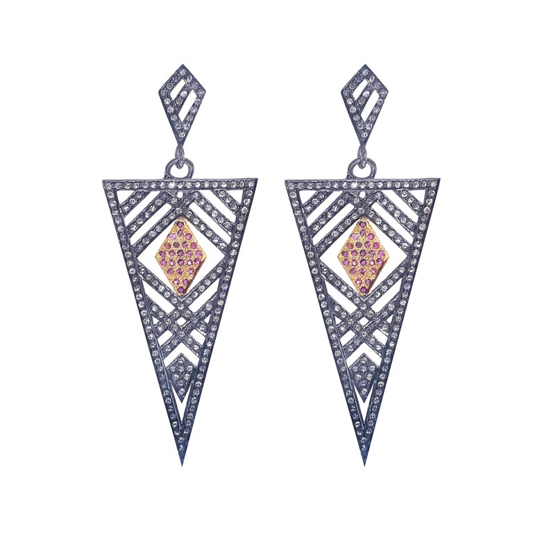 925 Sterling Silver Ruby Earrings Triangle Earrings Gemstone Earrings Wedding Earrings Dangle Drop Earring Vintage Diamond Earrings