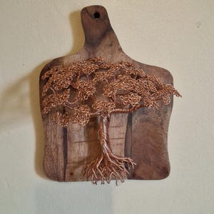 Copper Twisted Wire Tree on a wooden pine base for the wall. Metal Sculpture. Wall Art. Natural copper wire.