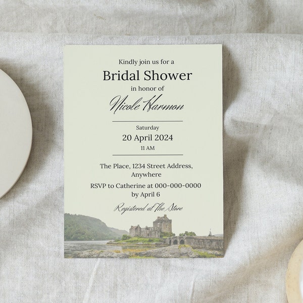 Eilean Donan Castle Bridal Shower Invitation Template – Instant Download –Editable Bridal Shower Invite –Scotland– Edit in CANVA – PRINTABLE