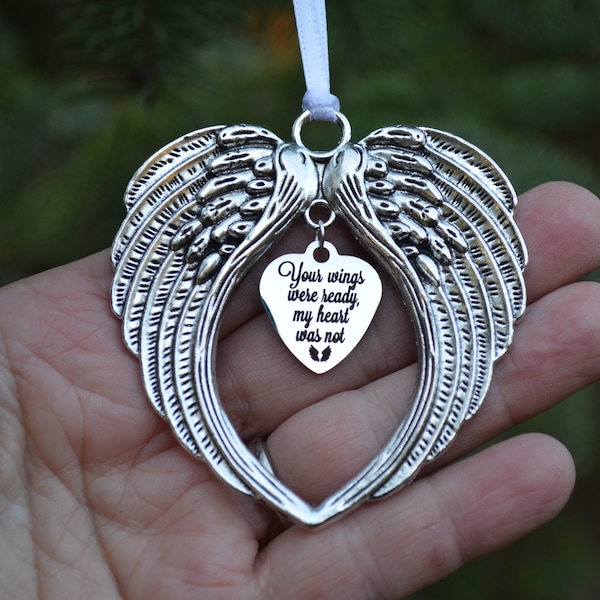 Loss and Remembrance Silver Angel Wings Memorial Ornament – Your Wings Were Ready My Heart Was Not - Silver Heart Charm