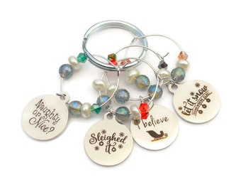 Funny Christmas Quotes Silver Charms Set Number 2 - Set of Four Christmas Wine Charms ~ READY TO SHIP ~ Colored Beads and Pearl Accents