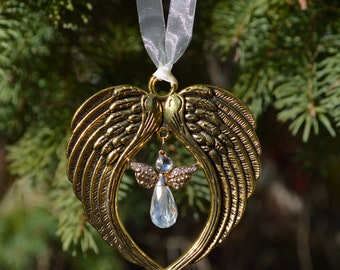 Gold Rhinestone and Crystal Angel Charm on Gold Tone Angel Wings Memorial Ornament or Sun Catcher READY TO SHIP