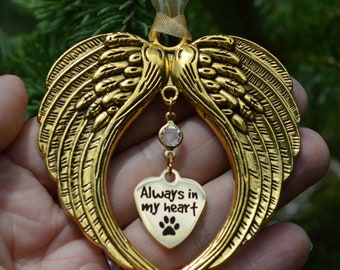 Pet Loss Pet Memorial Ornament - Always In My Heart - Gold Tone Angel Wings With Paw Print Charm