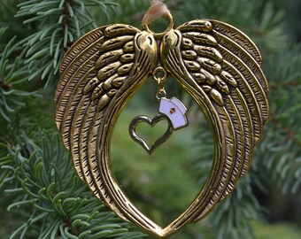 Nurse Memorial Ornament With Heart and Nursing Cap Charm In Golden Angel Wings