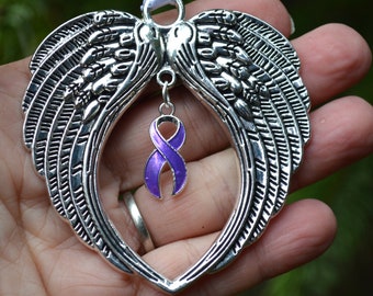 Purple Awareness Ribbon Silver Angel Wings Memorial Ornament or Sun Catcher