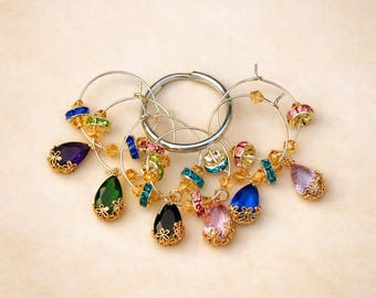 Teardrop Glass Wine Charms - Gold Beads and Rhinestone Accents Set of 6 Drink Markers