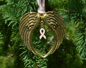 Pink Ribbon Memorial Ornament - Gold Tone Angel Wings With Rink Ribbon Charm