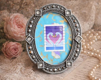 1997 LOVE Swans Stamp Art in Jeweled Oval Frame – Romantic Vintage Gift