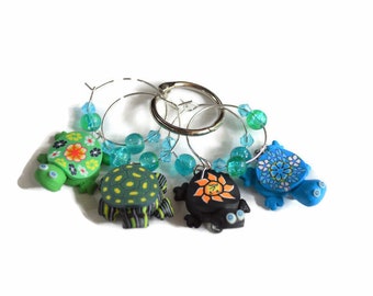 Colorful Charming Turtle Wine Charms Polymer Clay with Bright Shell Designs ~ Set of Four READY TO SHIP ~ Please Read Full Description