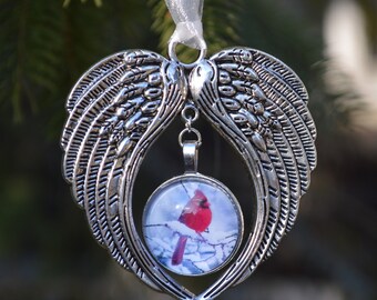 Cardinal Memorial Ornament Silver Angel Wings - Loss and Remembrance - Angels Are Near When Cardinals Appear