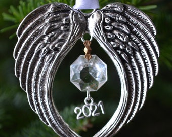 2021 Memorial Ornament – Silver Angel Wings & Chandelier Crystal