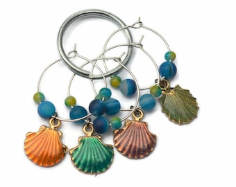 Seashell Wine Charms Colorful Enamel Over Metal Charms ~ Set of Four READY TO SHIP