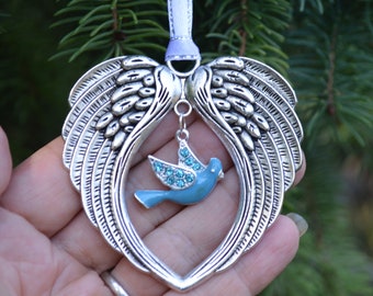 Blue Dove in Silver Angel Wings Memorial Ornament - Blue Enamel and Rhinestone Dove Charm