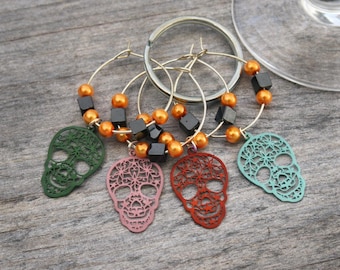 Metal Filigree Skull Wine Charms: Halloween, Dia de los Muertos, Set of Four