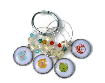 Festive Christmas Ornaments  Christmas Wine Charms SET #2 - Set of Four - Glass Topped Cabochons ~ Ready To Ship